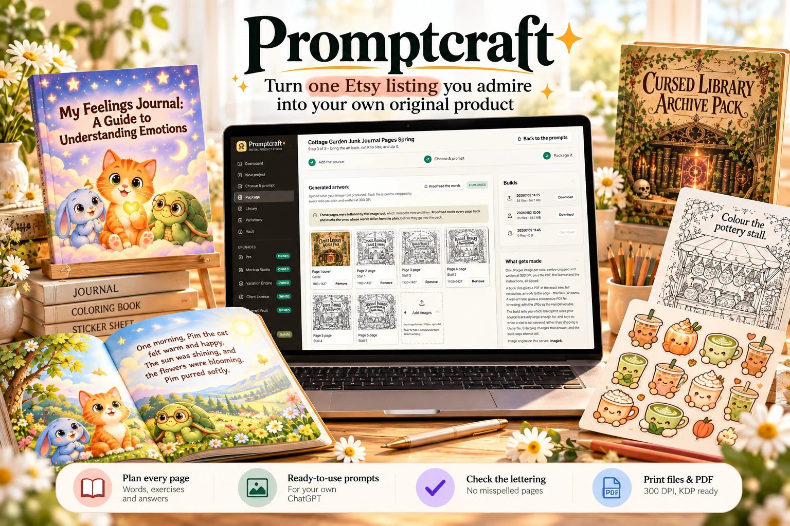 Promptcraft open on a laptop, with products planned in it